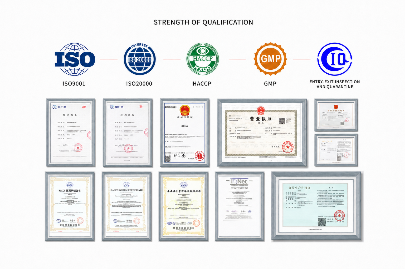 Manufacturing qualifications including ISO, HACCP and GMP quality systems