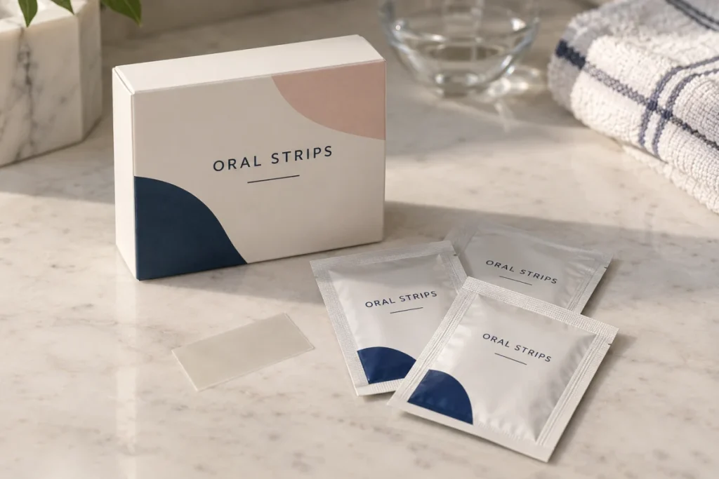 Oral beauty strips carton, foil sachets and dissolving film