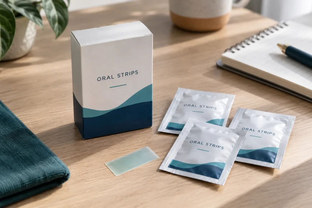 Energy and focus oral strips carton, foil sachets and dissolving film