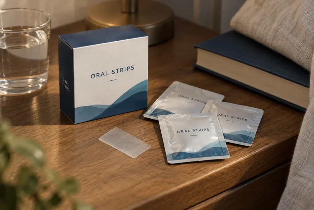 Sleep support oral strips carton, foil sachets and dissolving film
