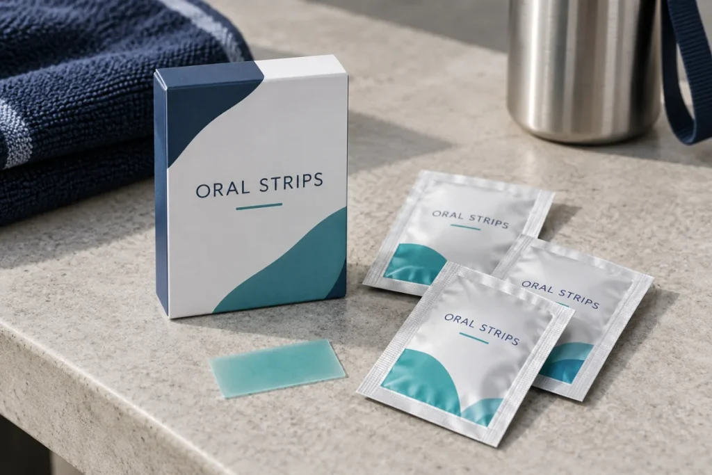 Sports nutrition oral strips carton, foil sachets and dissolving film