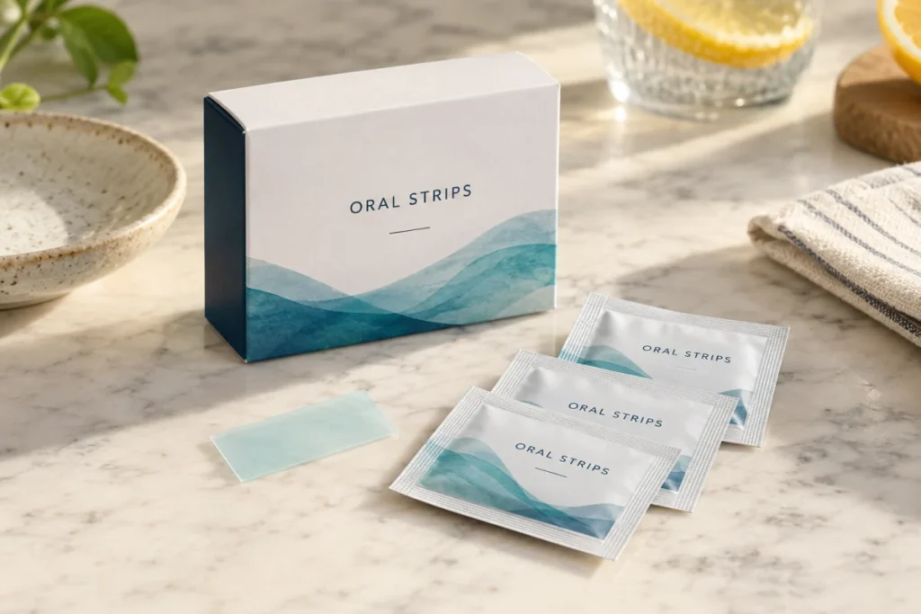 Vitamin and mineral oral strips carton, foil sachets and dissolving film