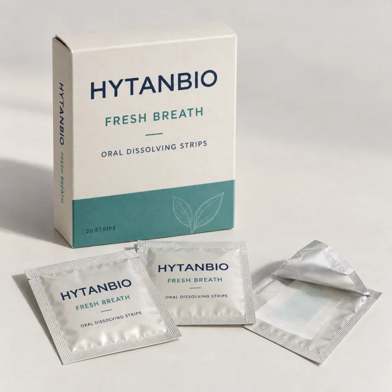 AI-generated HYTANBIO Fresh breath oral strip packaging concept