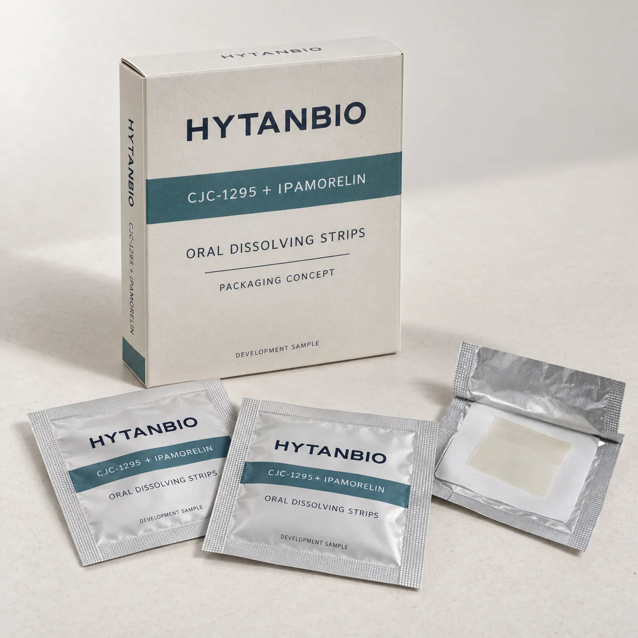 AI-generated HYTANBIO CJC-1295 and Ipamorelin oral strip packaging concept