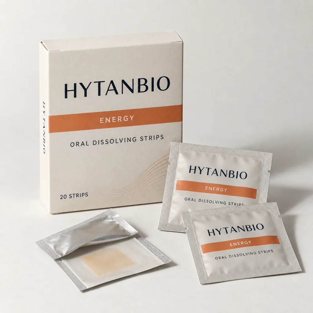 AI-generated HYTANBIO Energy and focus oral strip packaging concept