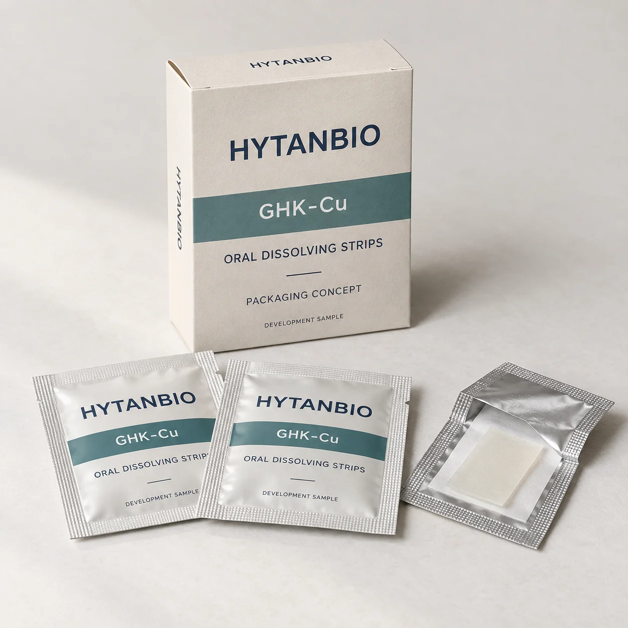 AI-generated HYTANBIO GHK-Cu oral strip packaging concept
