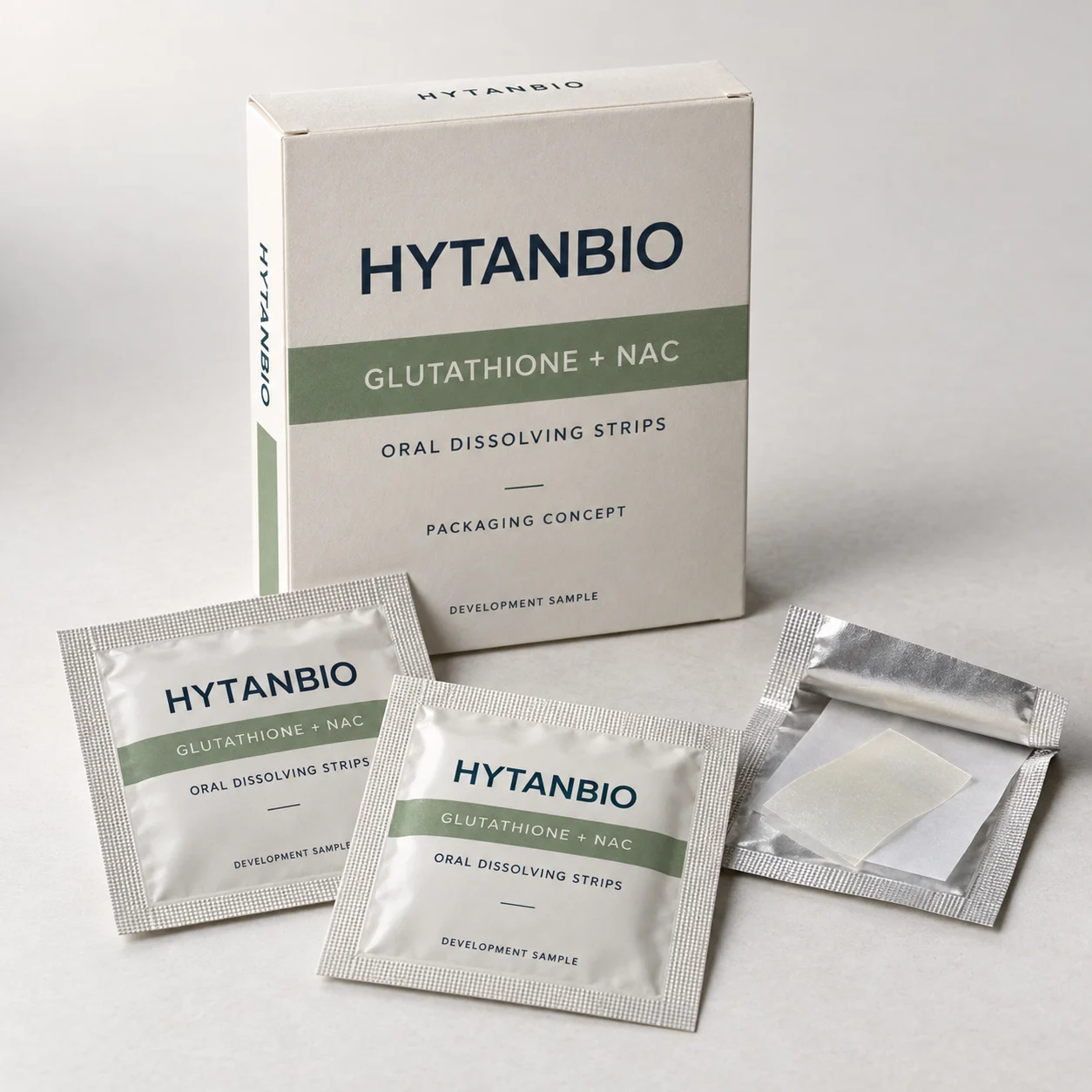 AI-generated HYTANBIO Glutathione and NAC oral strip packaging concept