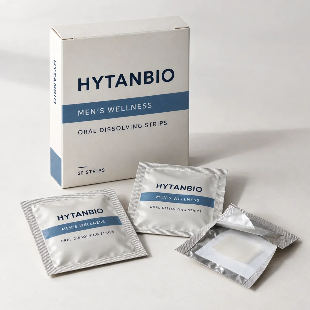 AI-generated HYTANBIO Mens wellness oral strip packaging concept
