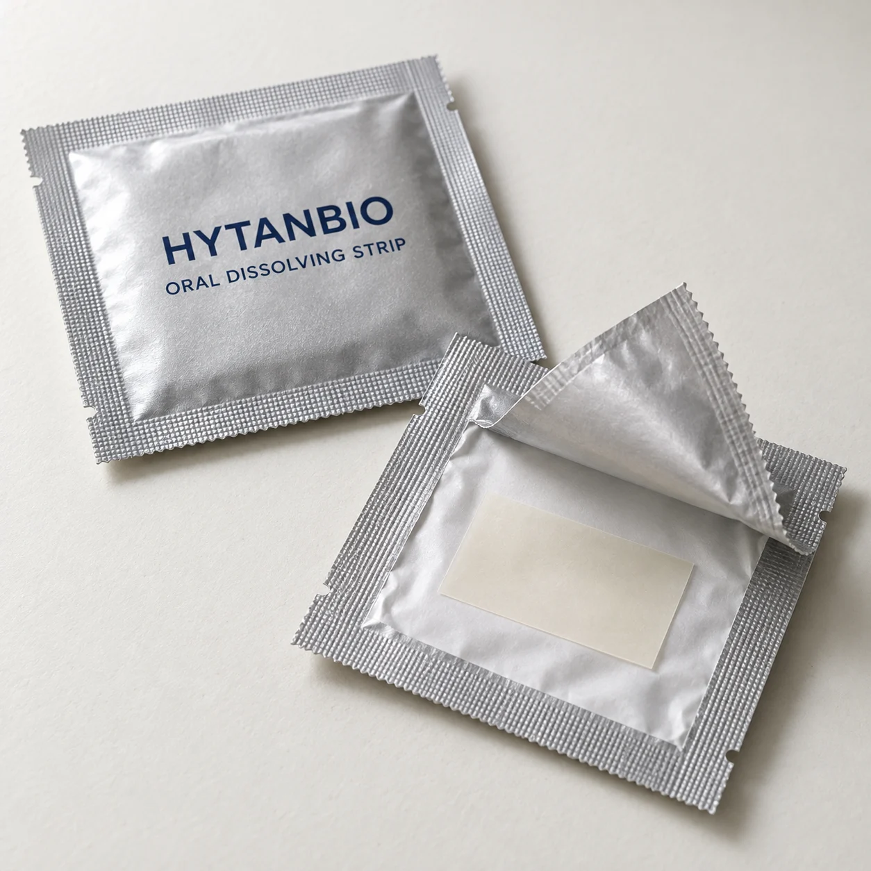 AI-generated HYTANBIO Individual sachet and oral film oral strip packaging concept