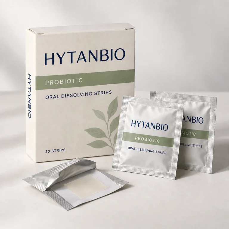 AI-generated HYTANBIO Probiotic oral strip packaging concept