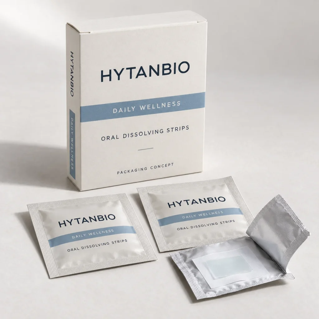 AI-generated HYTANBIO Daily wellness oral strip packaging concept