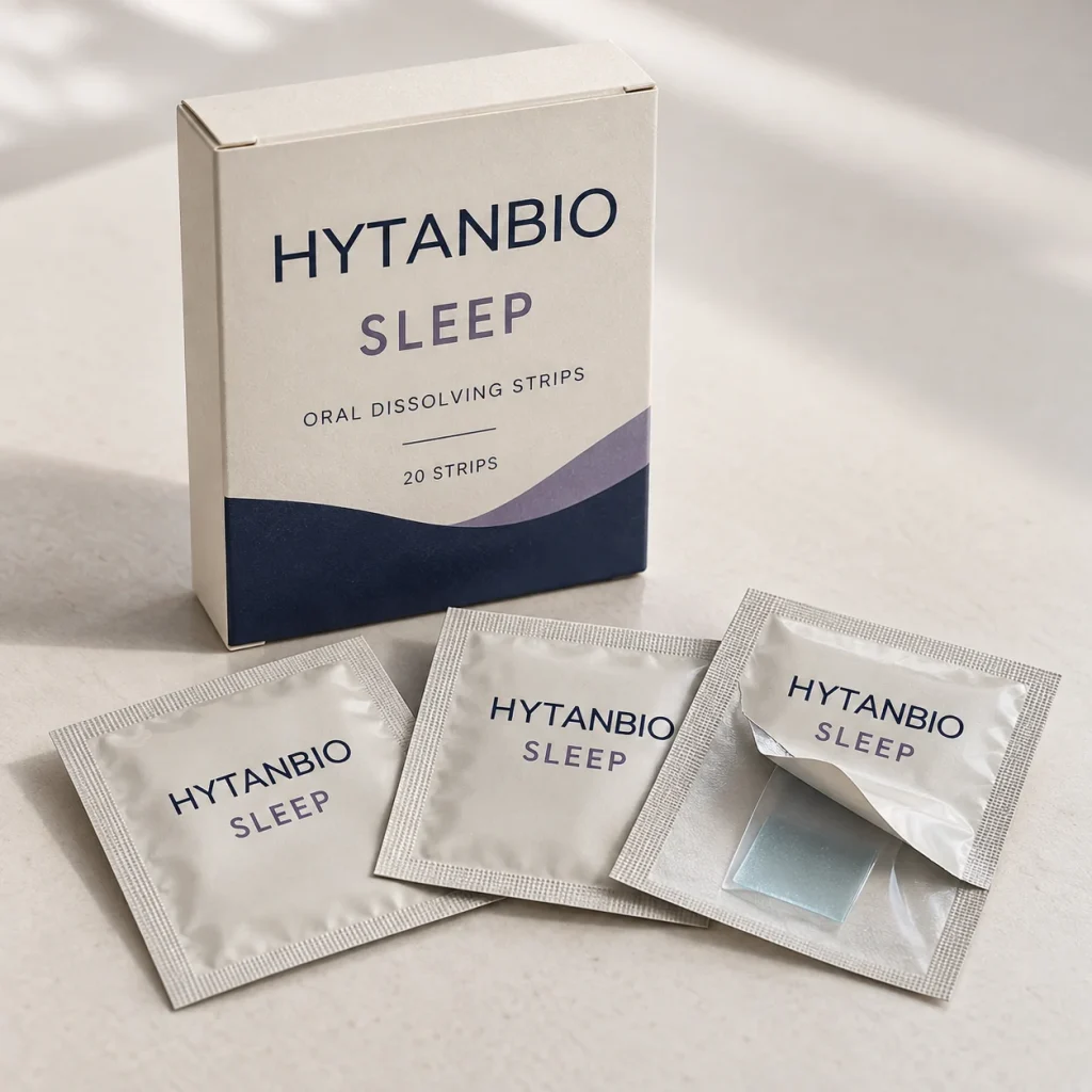 AI-generated HYTANBIO Sleep oral strip packaging concept