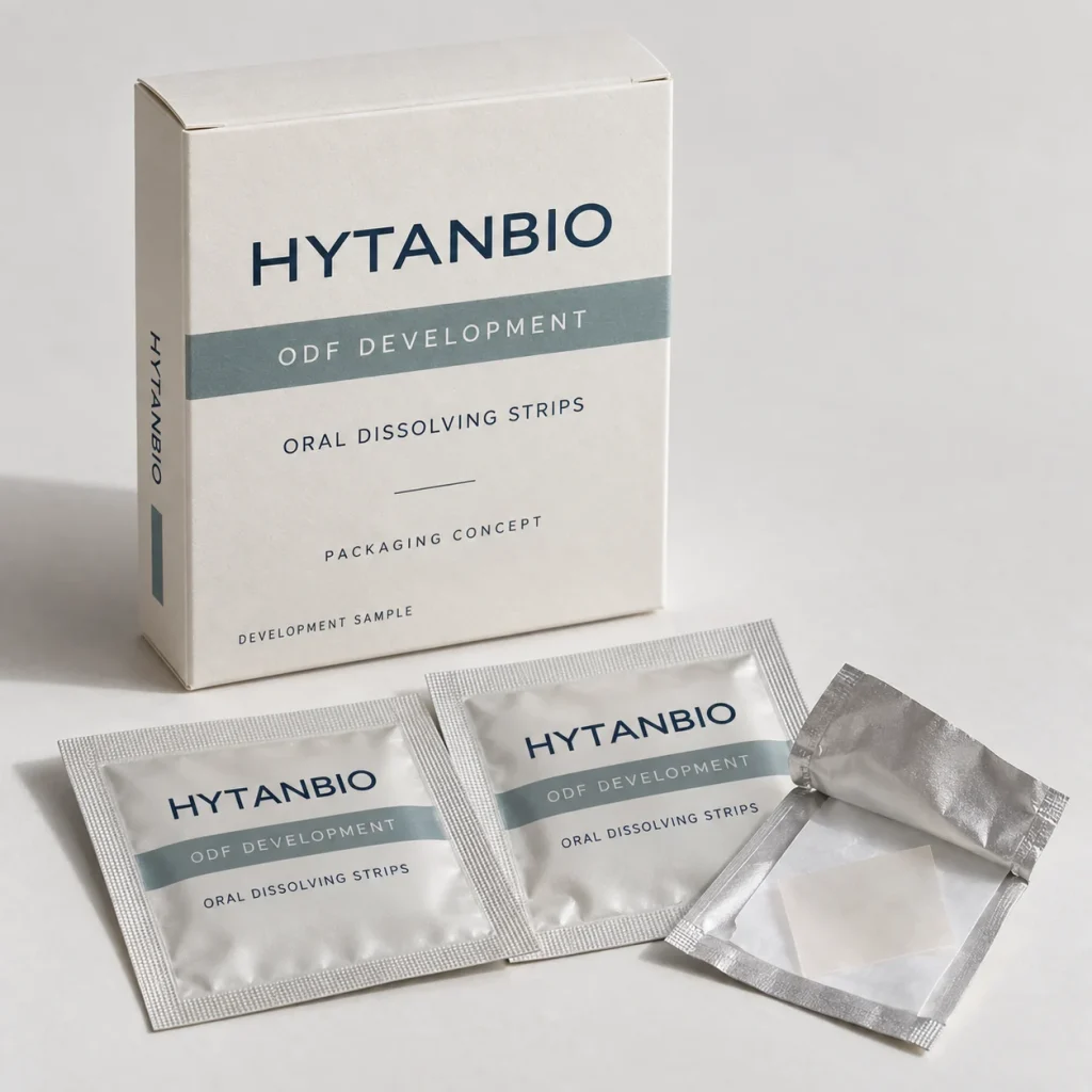 AI-generated HYTANBIO ODF development oral strip packaging concept