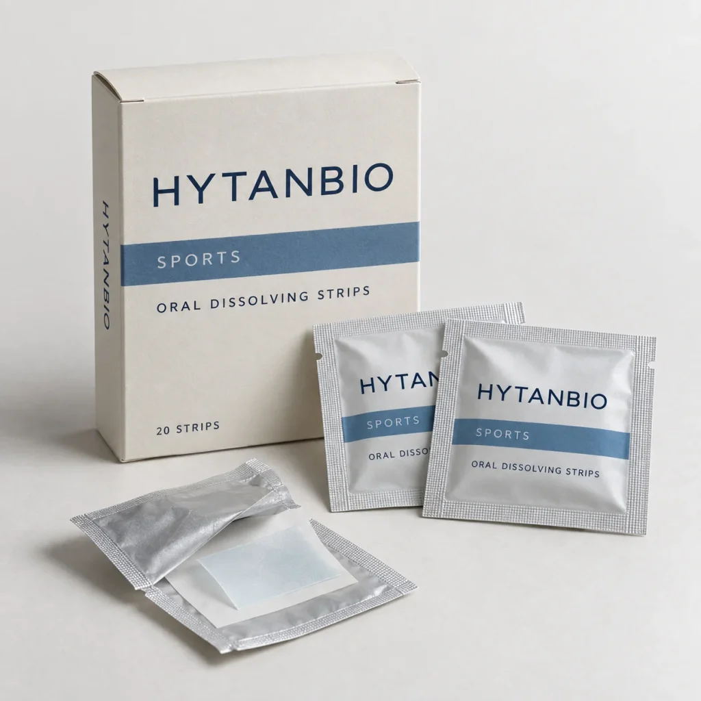 AI-generated HYTANBIO Sports nutrition oral strip packaging concept