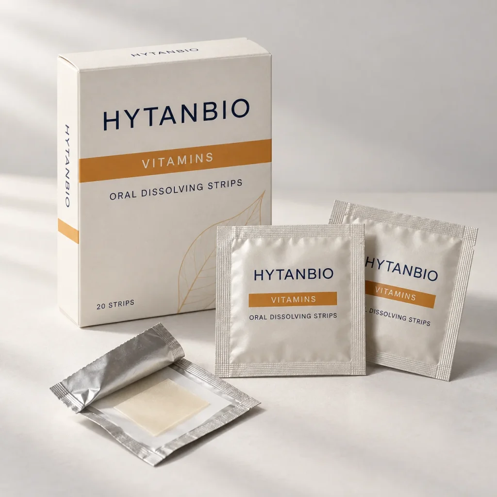 AI-generated HYTANBIO Vitamin and mineral oral strip packaging concept