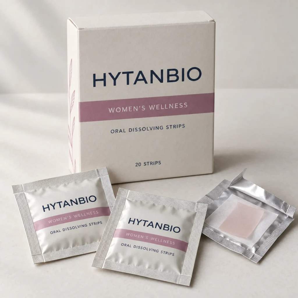 AI-generated HYTANBIO Womens wellness oral strip packaging concept