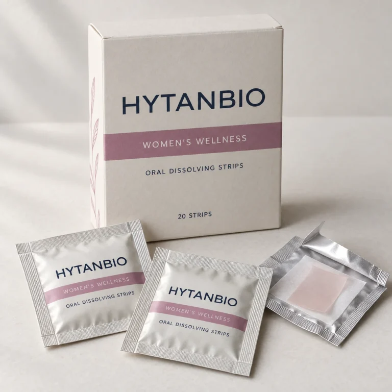 AI-generated HYTANBIO Womens wellness oral strip packaging concept